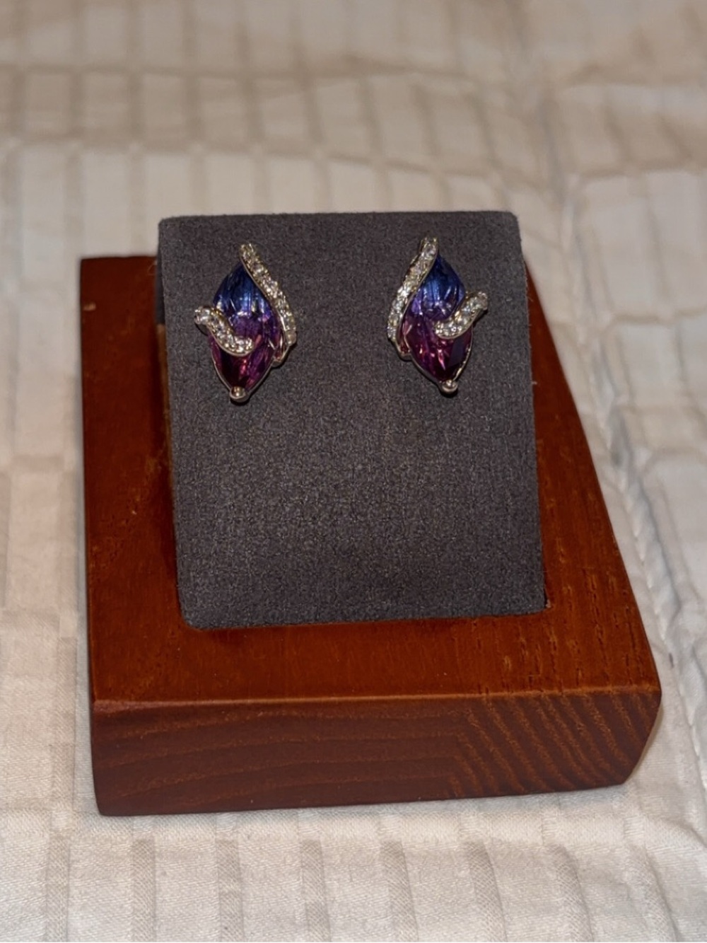 Purple Crystal Leaf Stud Earrings - Picture 3 of 5